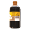 Une bouteille de liquide foncAC, probablement de la sauce soja, avec un bouchon marron et une ACtiquette comportant des informations nutritionnelles et un code-barres.