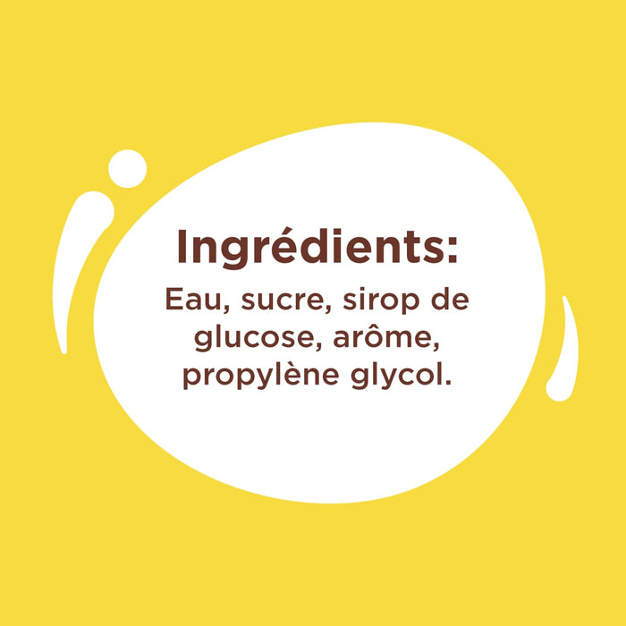 L'image montre une liste d'ingrédients en français, incluant eau, sucre, sirop de glucose, arôme et propylène glycol.