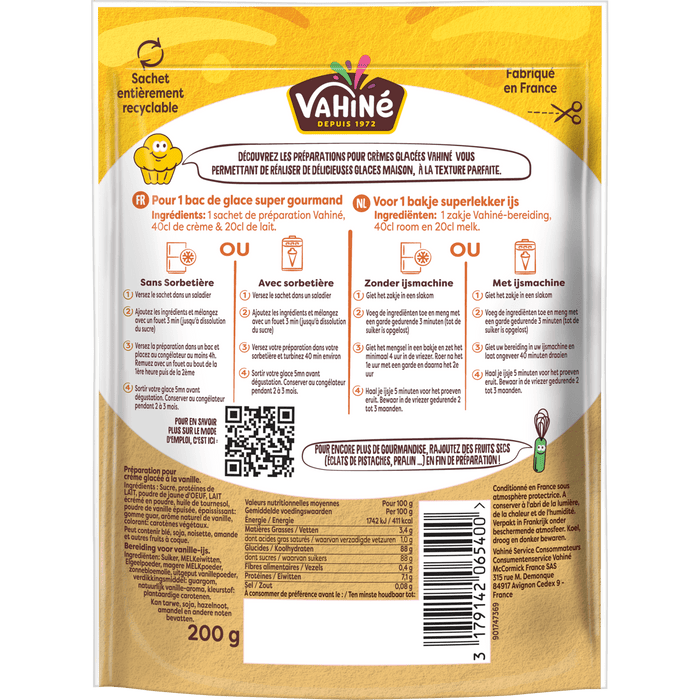 Le dos d'un paquet de prACparation pour dessert VahinAC prACsente les instructions de prACparation et les informations nutritionnelles.