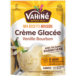 Emballage de prACparation pour crA?me glacACe VahinAC CrA?me GlacACe Vanille Bourbon, mettant en avant sa prACparation facile en 5 minutes.