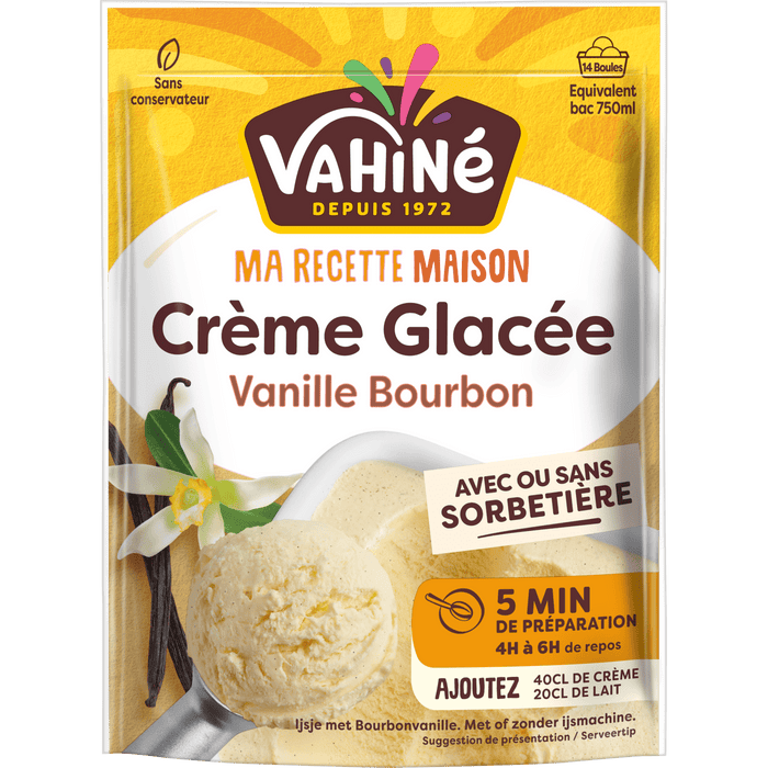 Emballage de prACparation pour crA?me glacACe VahinAC CrA?me GlacACe Vanille Bourbon, mettant en avant sa prACparation facile en 5 minutes.