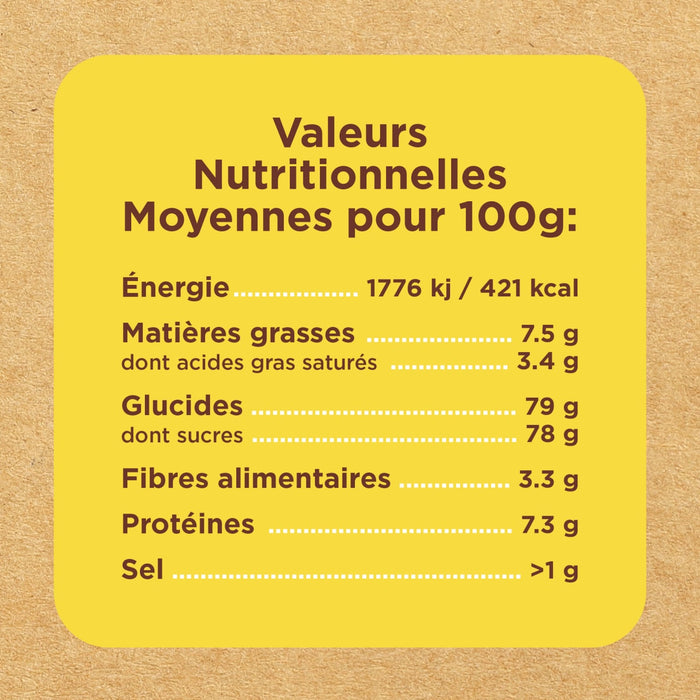 Une étiquette de valeurs nutritionnelles indique les valeurs nutritionnelles moyennes pour 100g.