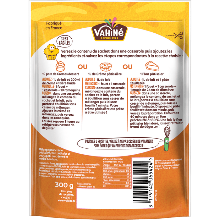 L'image montre le dos d'un emballage de mAClange A? flan de la marque Vainol avec des instructions et des informations nutritionnelles.