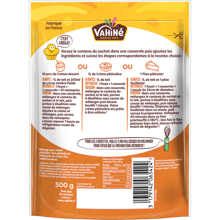 L'image montre le dos d'un emballage de mAClange A? flan de la marque Vainol avec des instructions et des informations nutritionnelles.