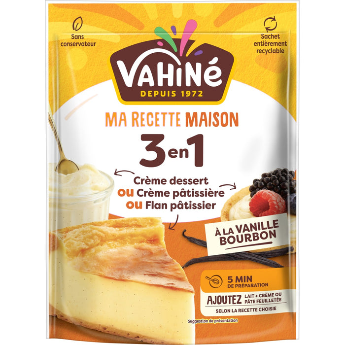 Un paquet de prACparation pour dessert VahinAC Ma Recette Maison 3 en 1 est prACsentAC, avec des images des desserts qui peuvent Aatre rACalisACs avec.
