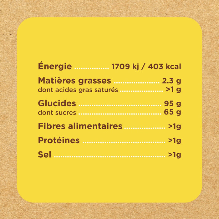 Informations nutritionnelles indiquant la teneur en énergie, matières grasses, glucides, fibres, protéines et sel.