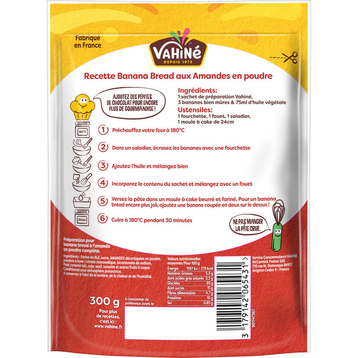 L'image montre le dos d'un paquet de prACparation pour pain aux bananes Vahina, soulignant sa teneur en protACines et diverses caractACristiques.