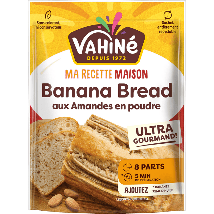 Emballage du mAClange pour Banana Bread aux amandes VahinAC avec une photo du pain cuit.