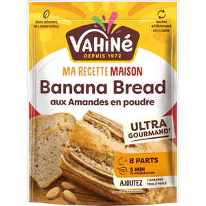 Emballage du mAClange pour Banana Bread aux amandes VahinAC avec une photo du pain cuit.