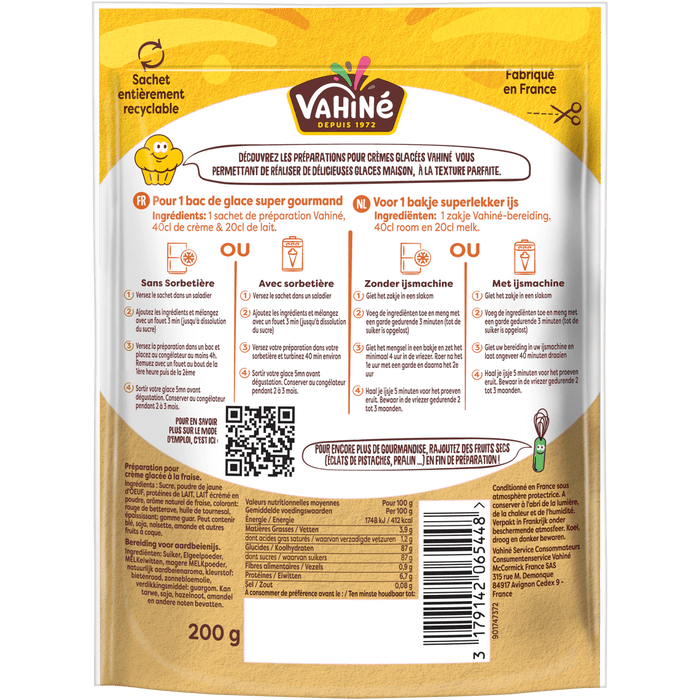 L'image montre le dos d'un paquet de prACparation pour gActeau VahinAC avec les instructions et les informations nutritionnelles.