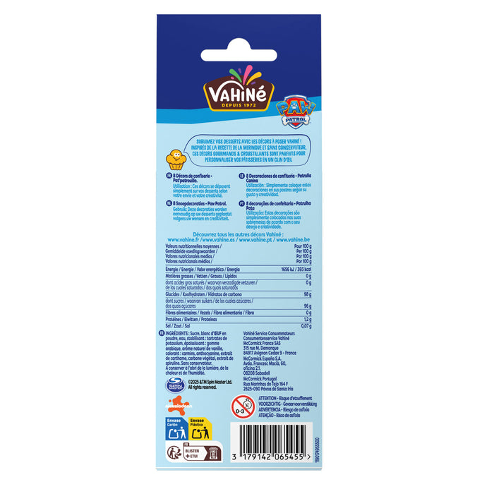 L'image montre l'emballage d'un produit de confiserie sur le thA?me de la Pat' Patrouille de Vidal, affichant des informations nutritionnelles et l'image de marque.