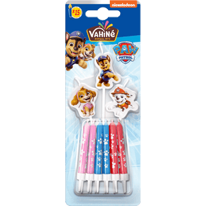 Un paquet de bougies d'anniversaire et de décorations de personnages sur le thème de Paw Patrol.