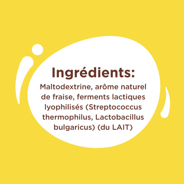 L'image montre la liste des ingrédients d'un produit, notamment de la maltodextrine, un arôme naturel de fraise et des ferments lactiques.