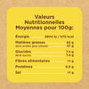 L'image montre un tableau des valeurs nutritionnelles moyennes pour 100g, incluant l'énergie, les matières grasses, les glucides, les fibres, les protéines et le sel.