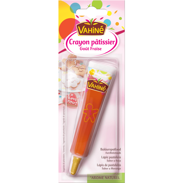 Un emballage de glaçage à écrire aromatisé à l'orange Vahiné est présenté.