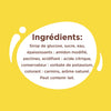 L'image montre une liste d'ingrédients comprenant du sirop de glucose, du sucre, de l'eau, des épaississants d'amidon modifié, des pectines, un acidifiant d'acide citrique, un conservateur de sorbate de potassium, un colorant carmin et un arôme naturel.
