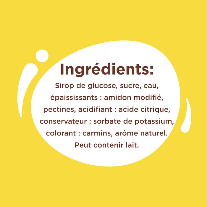 L'image montre une liste d'ingrédients comprenant du sirop de glucose, du sucre, de l'eau, des épaississants d'amidon modifié, des pectines, un acidifiant d'acide citrique, un conservateur de sorbate de potassium, un colorant carmin et un arôme naturel.