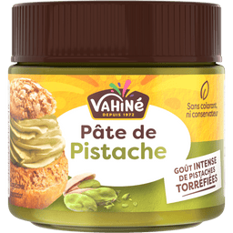 Un pot de Pâte de Pistache Vahiné, mettant en valeur sa saveur toastée.