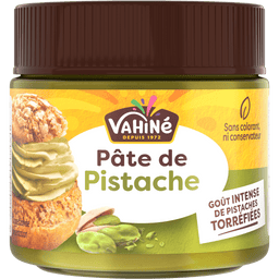 Un pot de Pâte de Pistache Vahiné, mettant en valeur sa saveur toastée.