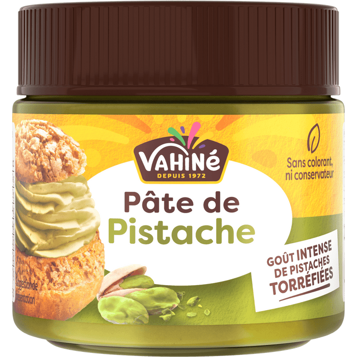 Un pot de Pâte de Pistache Vahiné, mettant en valeur sa saveur toastée.