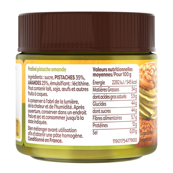 L'image montre les informations nutritionnelles et les ingrACdients d'un pot de pActe de pistache.