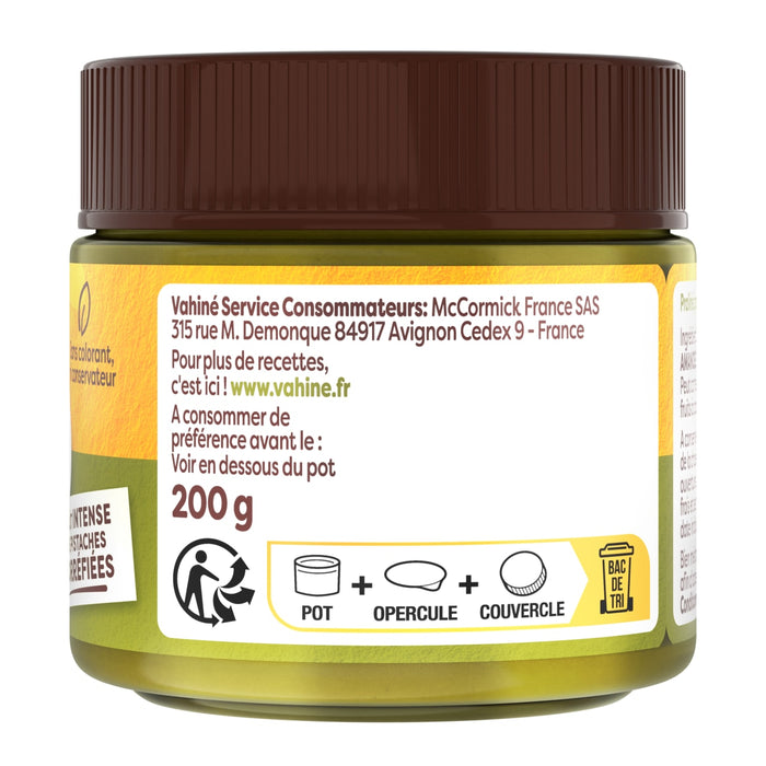 Gros plan de l'ACtiquette arriA?re d'un pot de 200g d'un produit inconnu, montrant l'adresse du fabricant, le poids et les instructions de recyclage.