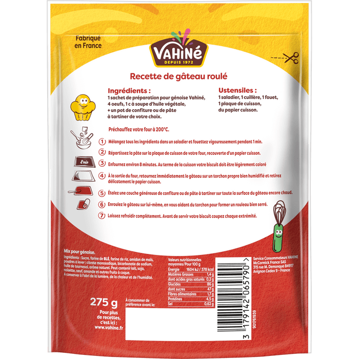 Le dos d'un paquet de dessert à la gélatine Valina présente les ingrédients et les instructions de préparation.