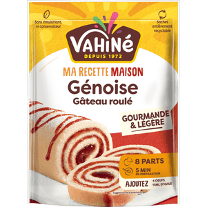 Un paquet de préparation pour génoise Vahiné Ma Recette Maison pour réaliser un gâteau roulé est présenté.