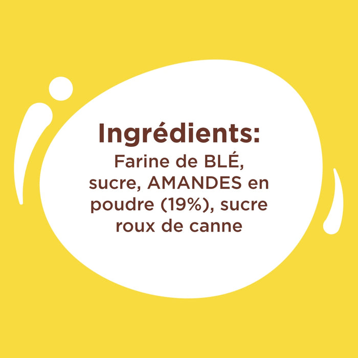 Une illustration graphique de la collection Vahine Nutritional Ingredients And Hero Recipe Images affiche la liste des ingrédients : farine de BLÉ, sucre, AMANDES en poudre (19 %), sucre roux de canne.
