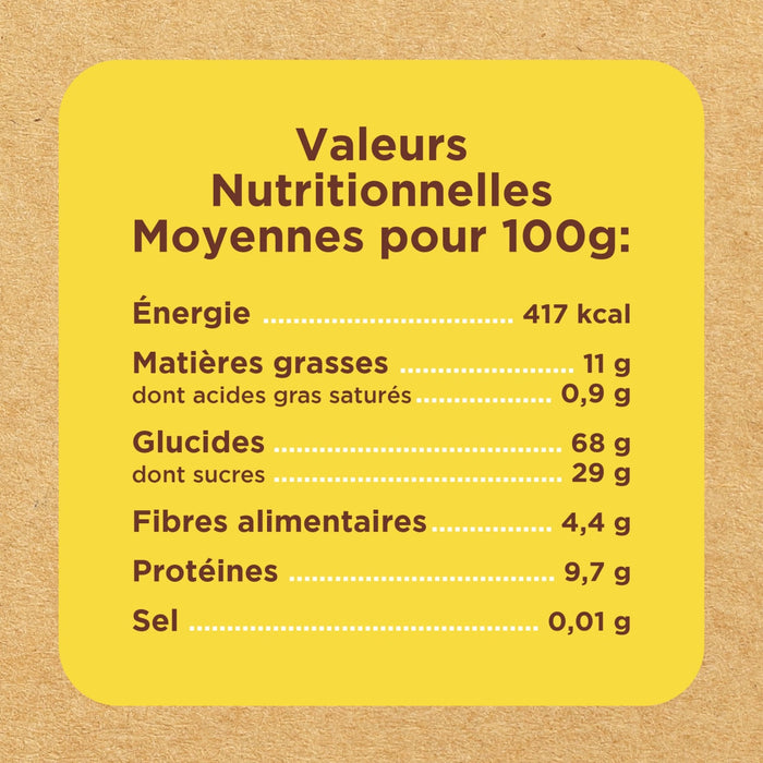 Une étiquette jaune d'informations nutritionnelles, faisant partie des Vahine Nutritional Ingredients And Hero Recipe Images, détaille les valeurs nutritionnelles moyennes pour 100 g en français sur un fond texturé de carton.