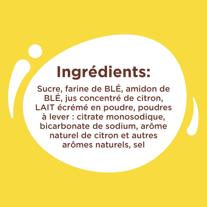 Une illustration graphique de la collection Vahine Nutritional Ingredients And Hero Recipe Images présente une liste d'ingrédients en français, notamment du sucre, de la farine de blé et du citron, sur un fond jaune.