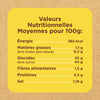 Une infographie montrant une étiquette nutritionnelle en français des Vahine Nutritional Ingredients And Hero Recipe Images, détaillant les valeurs moyennes pour 100g en énergie, matières grasses, glucides, fibres alimentaires, protéines et sel.
