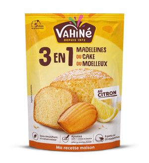 Le paquet de mélange Vahiné 3 en 1 présente des images de madeleines, de gâteau et de moelleux.