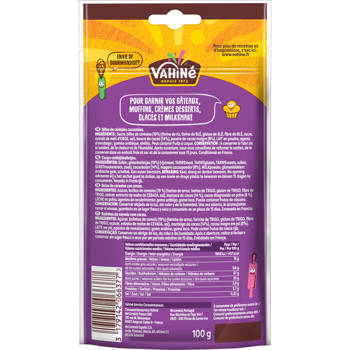L'image montre le dos d'un emballage de barre chocolatée Vakiano avec des informations nutritionnelles et les ingrédients.
