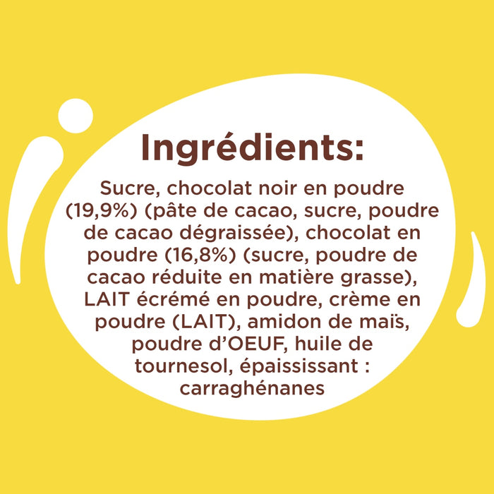 Cette illustration graphique, qui fait partie des visuels Vahine Nutritional Facts Ingredients And Hero Reipes Visuals For Newly Launched Skus, présente la liste des ingrédients en français pour une préparation pour dessert au chocolat sur un fond jaune vif.