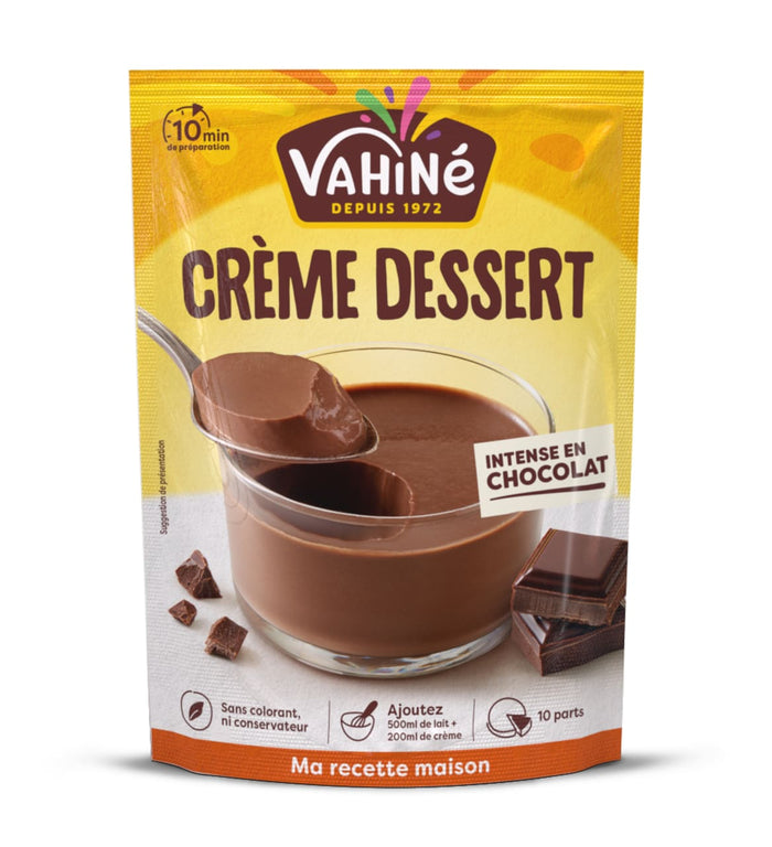 Un paquet de préparation pour Crème Dessert Vahiné au chocolat intense est présenté.