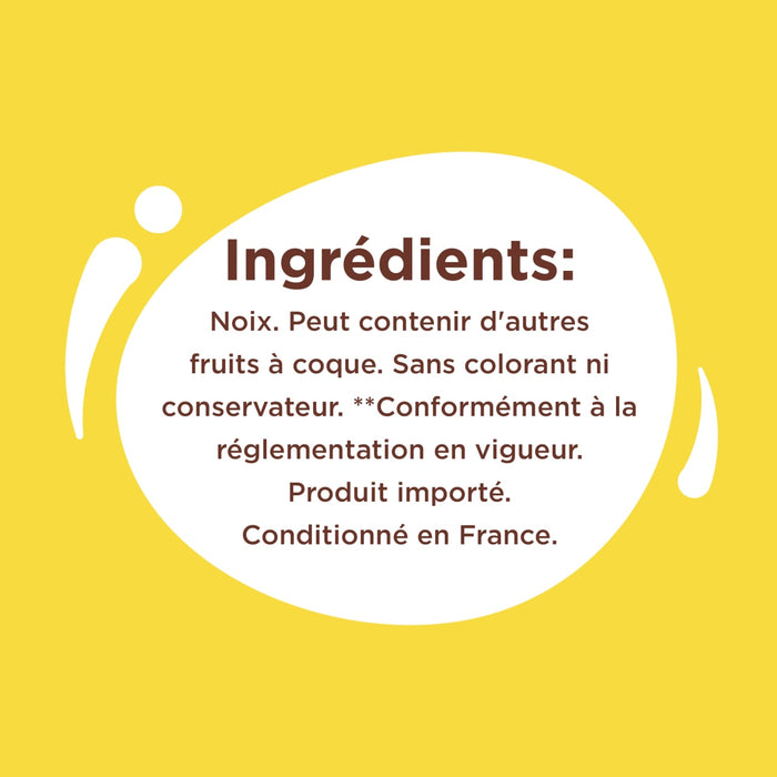 L'image montre la liste des ingrédients d'un produit alimentaire, énumérant les noix et les traces possibles d'autres fruits à coque, et indiquant qu'il ne contient ni colorants ni conservateurs artificiels.