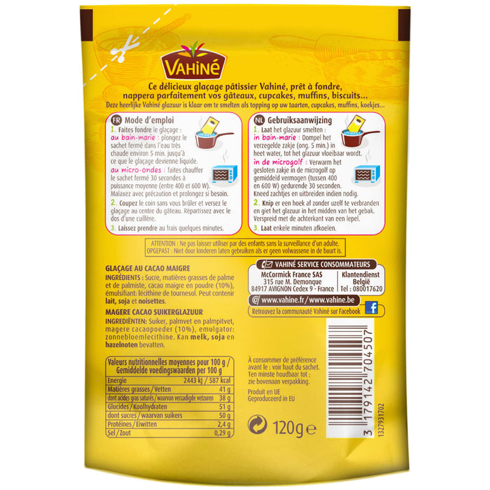 Le dos d'un paquet de mAClange de chocolat Acelera avec les instructions et les informations nutritionnelles.