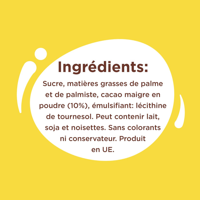 L'image montre la liste des ingrédients d'un produit alimentaire, notamment le sucre, les matières grasses de palme et de palmiste, le cacao maigre en poudre, la lécithine de tournesol et les allergènes possibles comme le lait, le soja et les noisettes.