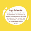 L'image montre la liste des ingrédients d'un produit alimentaire, notamment le sucre, les matières grasses de palme et de palmiste, le cacao maigre en poudre, la lécithine de tournesol et les allergènes possibles comme le lait, le soja et les noisettes.