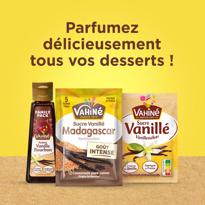Les produits vanille VahinAC, incluant l'extrait de vanille, le sucre et la poudre, sont prACsentACs avec le texte Parfumez dAClicieusement tous vos desserts!.