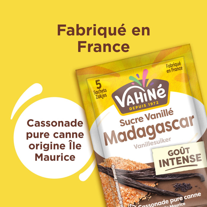 Le sucre vanillAC de Madagascar de VahinAC, un produit fabriquAC en France, est du pur sucre de canne de l'ARle Maurice.