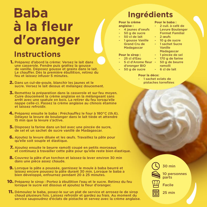 Cette image prACsente une recette de Baba A? la fleur d'oranger, avec une photo du dessert fini garni de crA?me fouettACe.