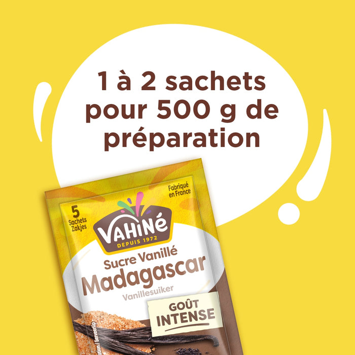 Paquet de sucre vanillAC de Madagascar VahinAC avec la recommandation d'utiliser 1 A? 2 sachets pour 500g de prACparation.