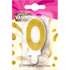 Une bougie d'anniversaire de la marque Valhirdo en forme de chiffre zéro, recouverte de paillettes dorées.