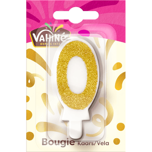 Une bougie d'anniversaire de la marque Valhirdo en forme de chiffre zéro, recouverte de paillettes dorées.
