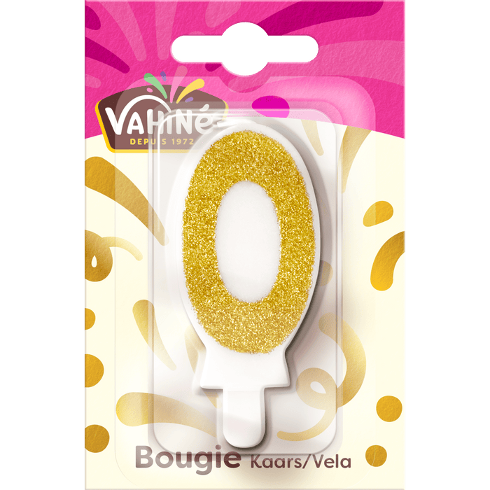 Une bougie d'anniversaire de la marque Valhirdo en forme de chiffre zéro, recouverte de paillettes dorées.
