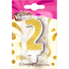 Une bougie d'anniversaire Valhin numéro 2 avec des paillettes dorées est présentée dans son emballage.