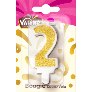 Une bougie d'anniversaire Valhin numéro 2 avec des paillettes dorées est présentée dans son emballage.