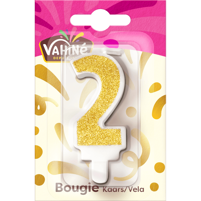 Une bougie d'anniversaire Valhin numéro 2 avec des paillettes dorées est présentée dans son emballage.